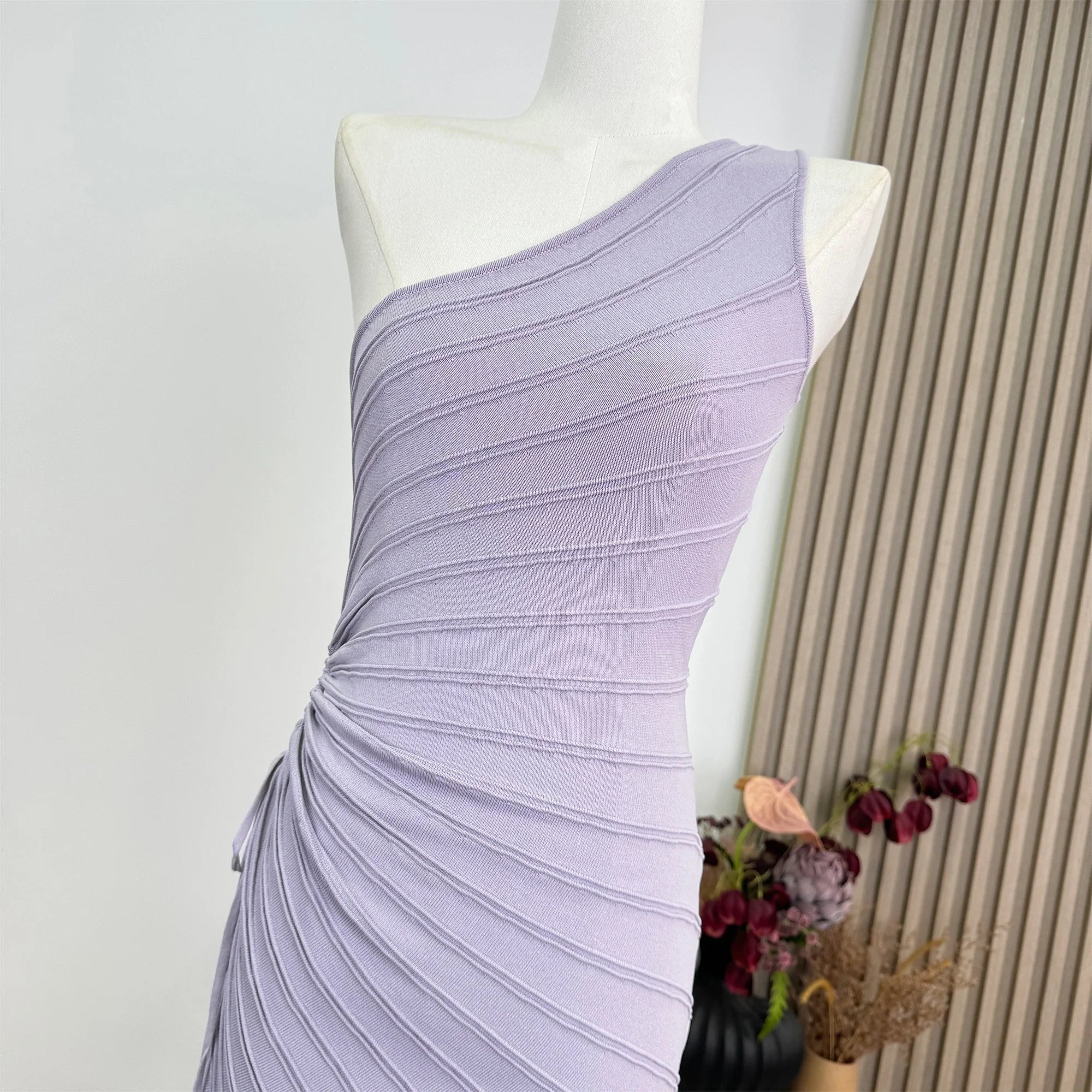 Women Elastic Summer Simple Party Dresses Sexy Irregular One Shoulder Stripe Sheath Pencil Dress