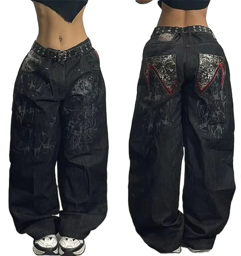 2024 New American hip-hop Vintage baggy jeans women's Harajuku high waist Y2K wide-leg pants Gothic wide pants Streetwear pants
