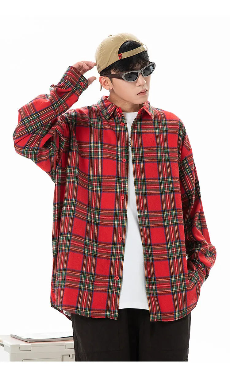 Plaid Shirt with Long Sleeves, Loose Fit, for Casual Men, Harajuku Style, Spring and Autumn Brushed Cotton Shirt.Oversized