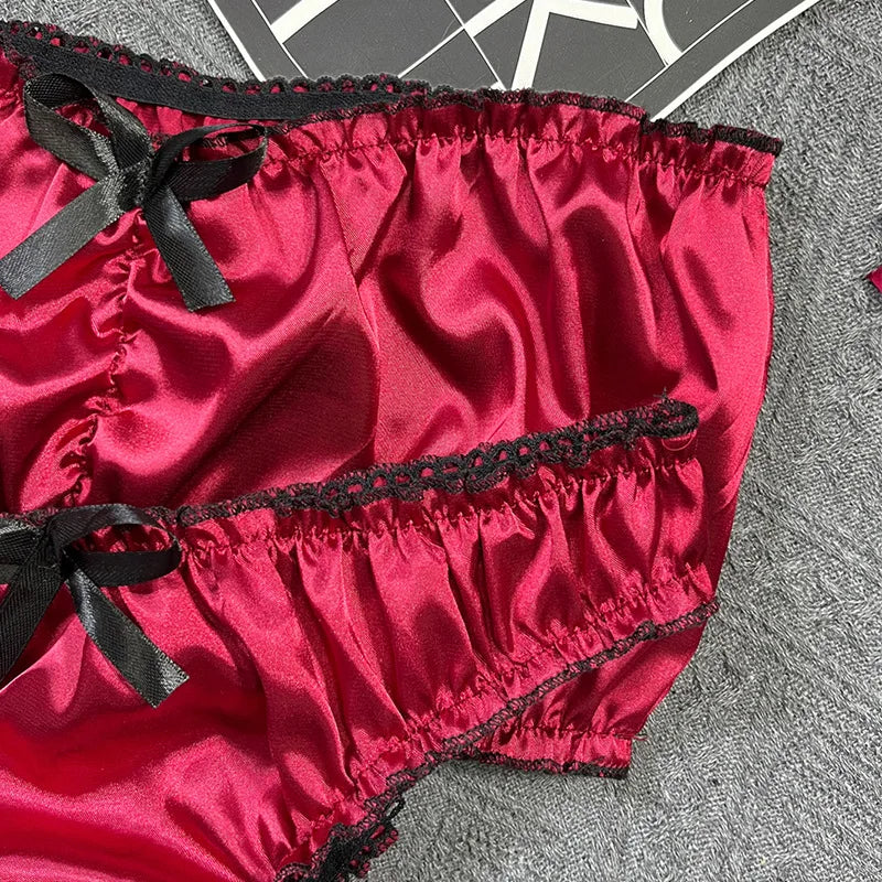 Women's Sexy Lingerie Set Black Lace Trim Strapless Tube Top + Shorts Solid Color Outfits Chest Wrap Backless Crop sleepwear