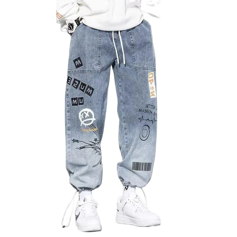 Korean Clothing  Men Letter Printed Jeans High Waisted Baggy Jeans Cartoon Graffiti Hip-Hop Pants Blue Jeans