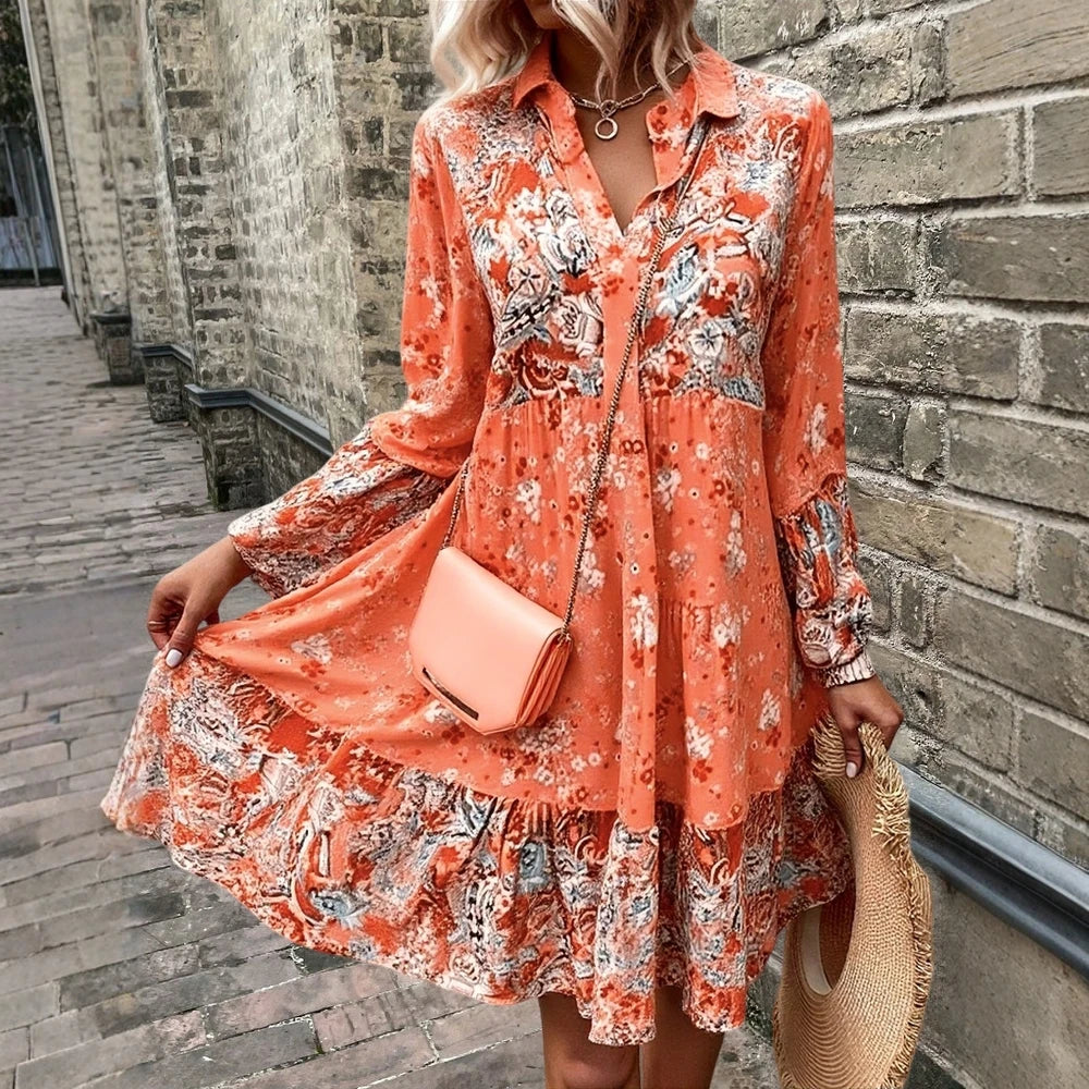 Women's Long-Sleeve Paisley Print Tiered Dress: V-Neck Button Front – Spring Summer Party Outfit, Flowy Chiffon Boho Midi Dress