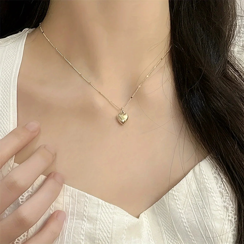 Simple Love Heart Pendant Necklace Golden Silver Color Trendy Office Lady Link Chain Neck Jewelry Gift for Friend Fashion