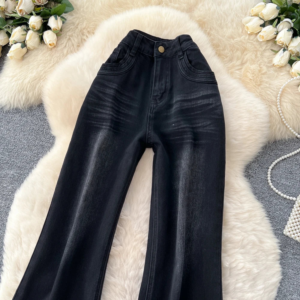 SINGREINY Female Do Old Vintage Jeans Zipper Casual Trendy Street Long Pants Chic High Waist Classic Versatile Boot Cut Trousers