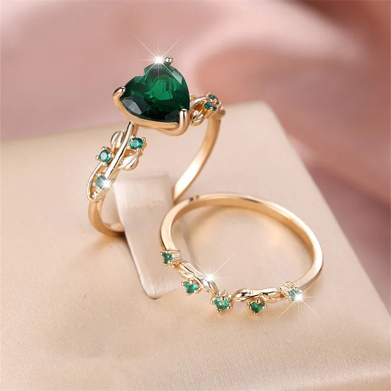 Royal Blue Green Black Red Stone Heart Ring Sets for Women Rose Gold Color White Zircon Bridal Wedding Bands Mothers Day Jewelry