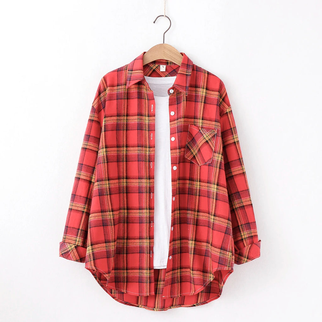 Fresh Flannel Plaid Shirt Women 2025 New Female Blouses and Tops Cotton Loose Long Sleeve Casual Shirts Fine Women's Clothes