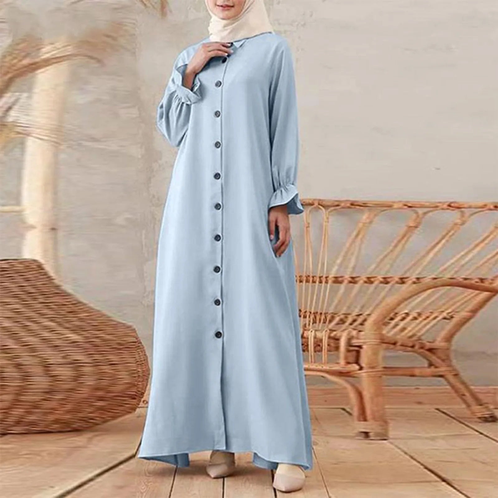 Women's Muslim Dress Long Sleeve Vintage Pullover Abaya Prayer Clothes Solid Color Cotton Linen Maxi Summer Dresses For Women