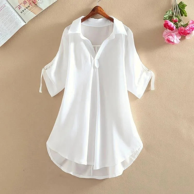 Women's Slimming Chiffon Top 2024 Summer New Style Medium-Length Short Sleeves Plus Size Loose-Fit Waist-Fitted Shirt