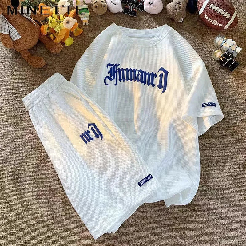 Cross-border Waffle Casual Summer Ice Silk Short-sleeved Sports Clothes Set Men's T-shirt Men's Clothing Set Matching