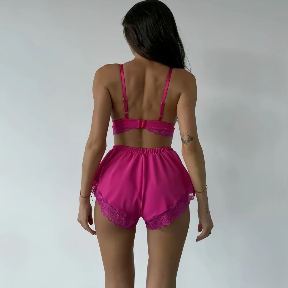 Sexy Lace Splicing Lingeries Sets Woman V Neck Spaghetti Strap Satin Bra And Shorts Pajama Set Casual Home Sleepwear Set