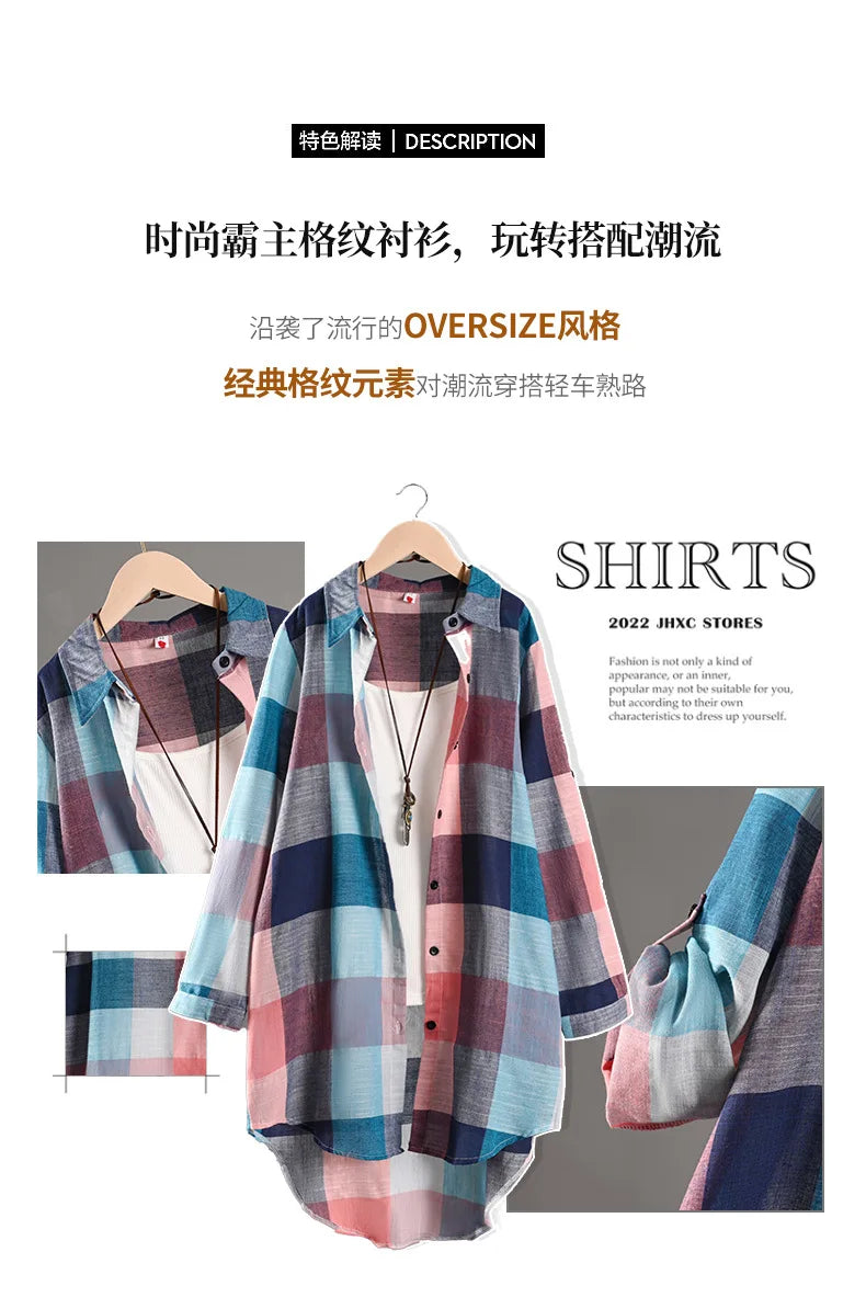 Women's Plaid Shirt Casual Blouses Woman Tops for Women Long Sleeve Long Sleeve Shirts Chic Blouse Check Linen Cotton Clothing