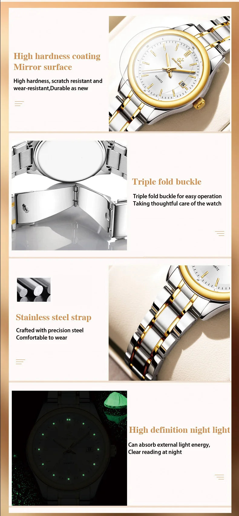 ERNIE KLEIN Women’s Watch Luxury Gold Watch OriginalDate Week Stainless Steel Waterproof Luminous Elegant Dress Ladies' Watches