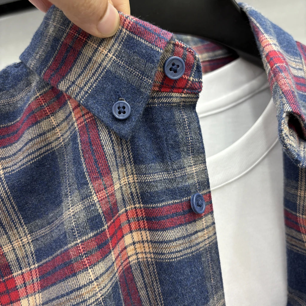 100Cotton High Quality Men's Lapel Contrast Plaid Long Sleeve Shirt Autumn New Matted Breathable Fashion Casual Trend Menswear