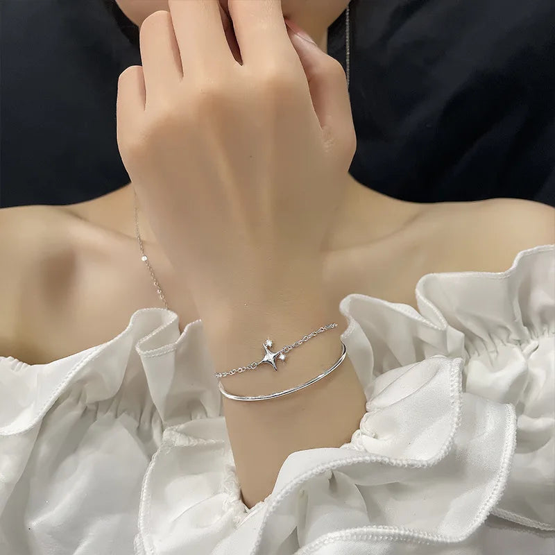 VOQ Silver Color Women's Four Star Bracelet Star Double Layer Jewelry Girl Gift Direct Sale Wholesale