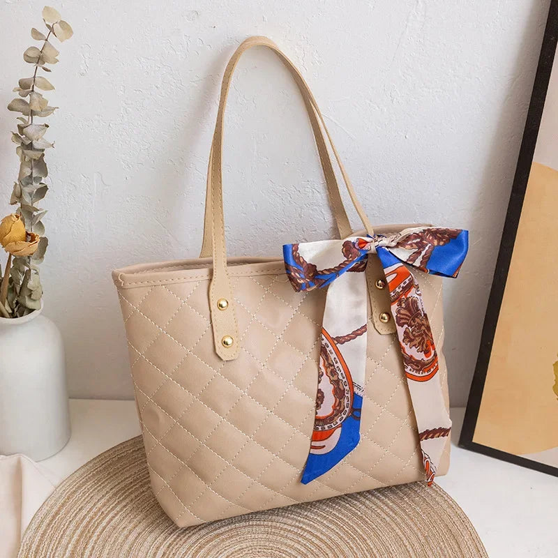 Embroidered Women's Handbag PU Leather Large Capacity Bucket Bag Fashion Beach Tote with Silk Scarf Gift Elegant Daily Use Purse