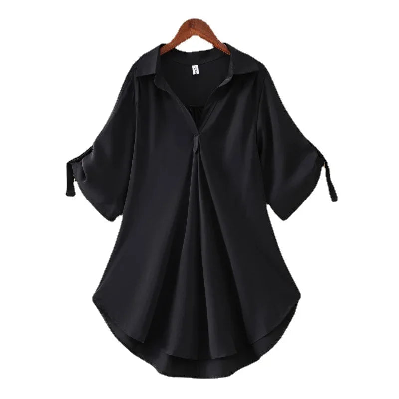 Women's Slimming Chiffon Top 2024 Summer New Style Medium-Length Short Sleeves Plus Size Loose-Fit Waist-Fitted Shirt