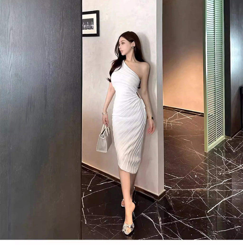 Women Elastic Summer Simple Party Dresses Sexy Irregular One Shoulder Stripe Sheath Pencil Dress