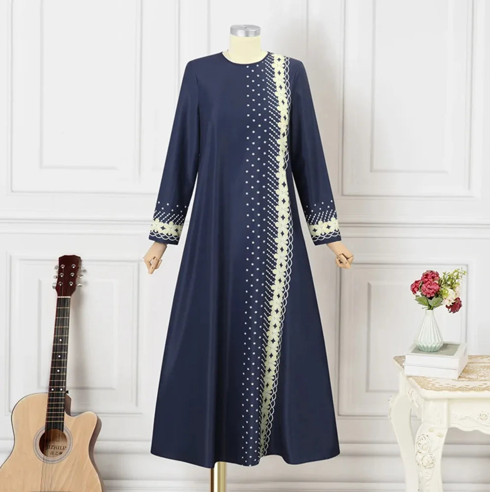 Elegant Muslim Long Sleeve Loose Dress Southeast Asia Positioning Print Fashionable 2025 New Style Elegant Midi Dress