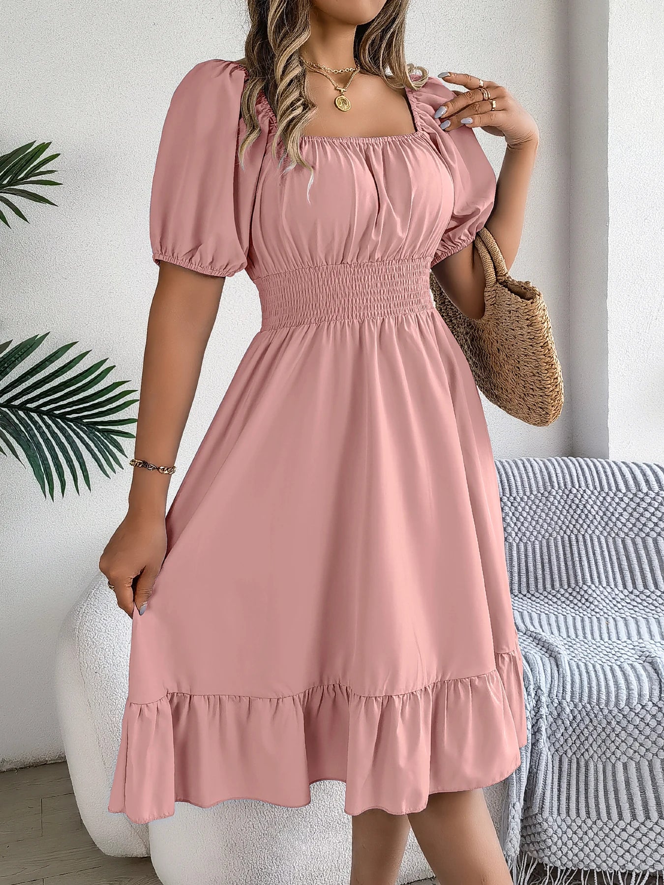 Spring Summer Elegant High Waisted Dress Square Neck Short Sleeved Ruffled Edge Long Dresses for Women 2026 Valentine's Day