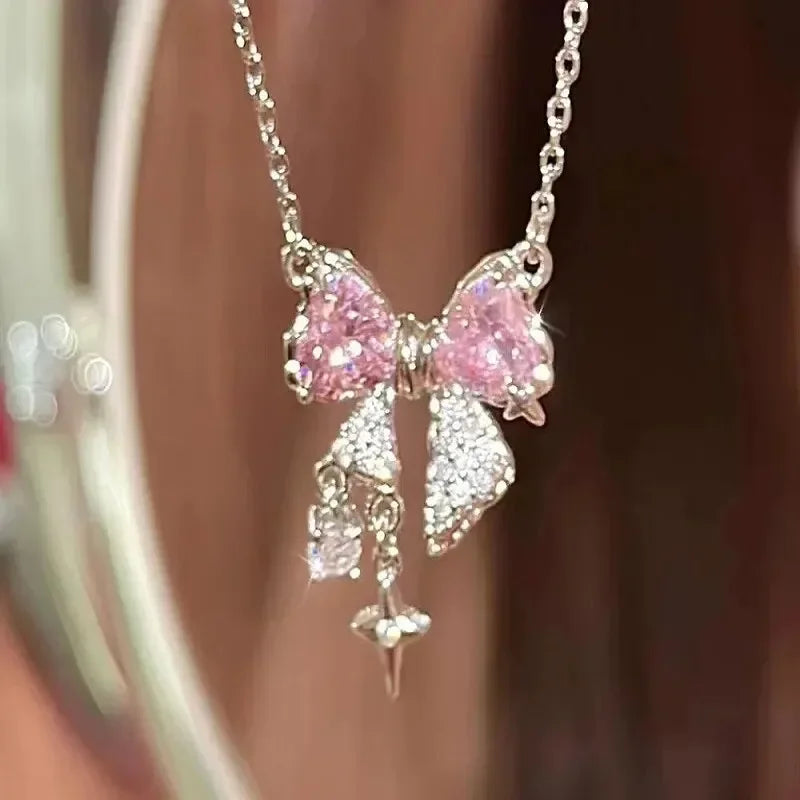 Luxury Fairy Pink Bow Shape Pendant Necklace Rings Set for Women Y2k Clavicle Chain Birthday Party Anniversary Gift Jewelry
