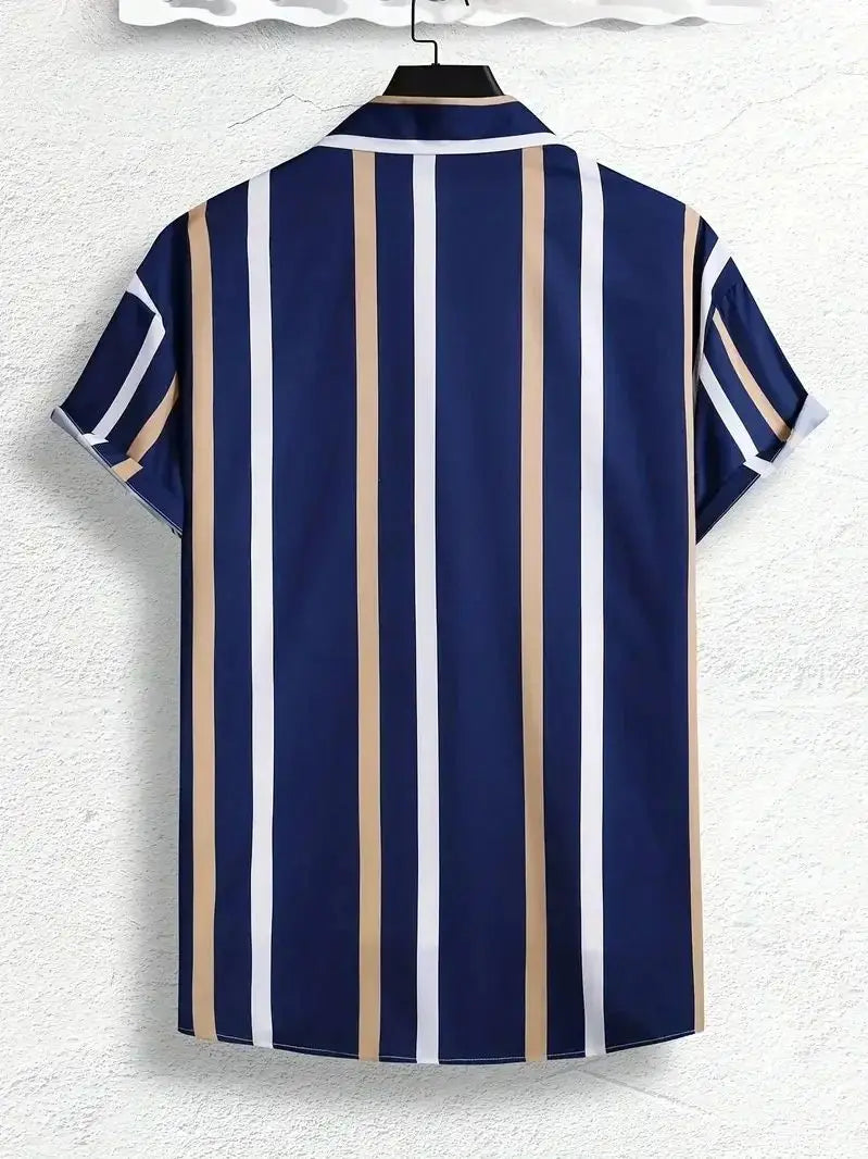 Summer Men's Shirts Hawaiian Blouse Stripe Print 2025 New Short Sleeve Single Breasted Oversized Tops Camisa Clothing Buttons