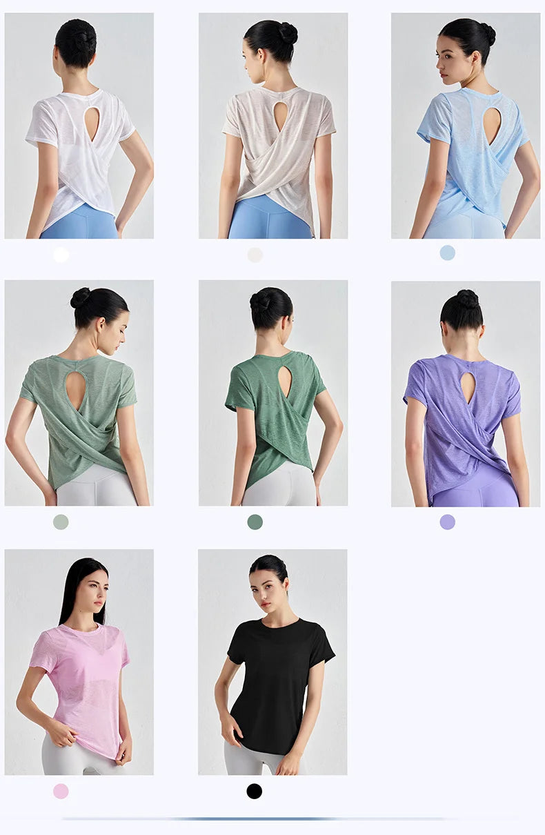 TRY TO BN Gym Tops Women Short Sleeve Sports Fitness Nylon Hollow Back Breathable Women's T-Shirt Training Runing Yoga Clothing