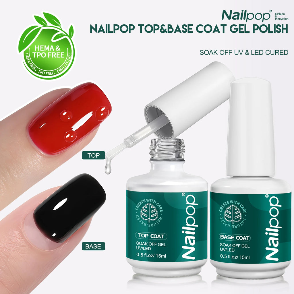 Nailpop HEMA/TPO Free Top Base Coat Gel Polish 15ml Clear Soak Off UV/LED Cured Professional Art Salon Home Use Long Lasting 1Pc
