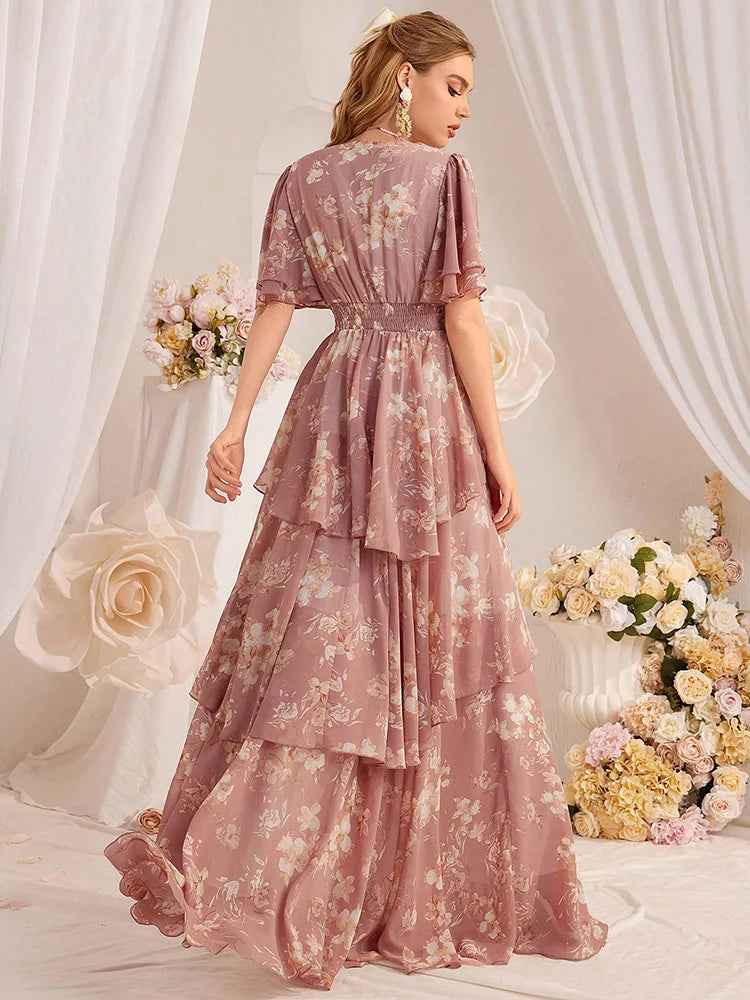 TOLEEN New in 2024 Casual Deep V-Neck Slim Floral Printed Tiered Ruffle Hem Long Dresses Fashion Summer Elegant Women's Clothing