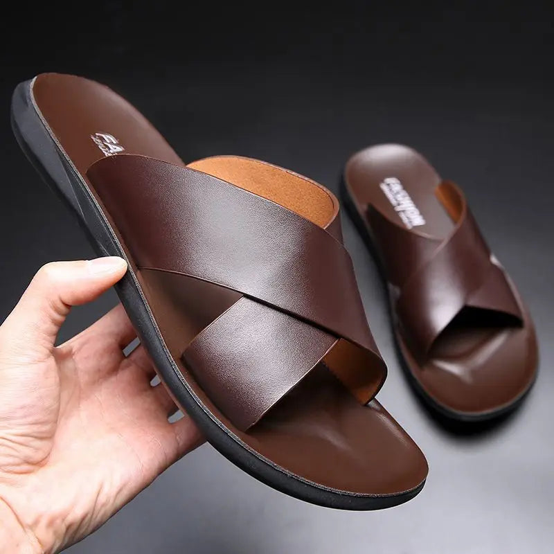 Men's Slippers Fashion Leather Slippers Outdoor Non Slip Beach Shoes for Men Light EVA Soft Sole Slippers 2025Summer New Slides