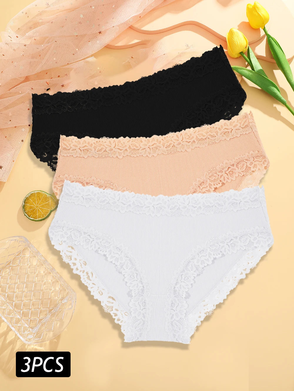 3PCS/Set Sexy Lace Cotton Panties for Women Flroal Lace Seamless Briefs Low Rise Lingerie Female Breathable Soft Underwear S-XL
