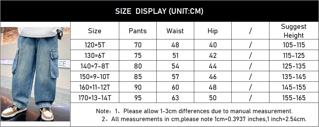 Boys Wide Leg Cargo Jeans 5-14 Years Spring Autumn Fashion Casual Streetwear Kids Retro Trendy Straight Loose Fit Sweatpants