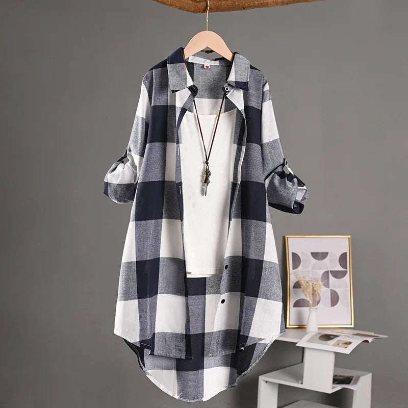 Women's Plaid Shirt Casual Blouses Woman Tops for Women Long Sleeve Long Sleeve Shirts Chic Blouse Check Linen Cotton Clothing