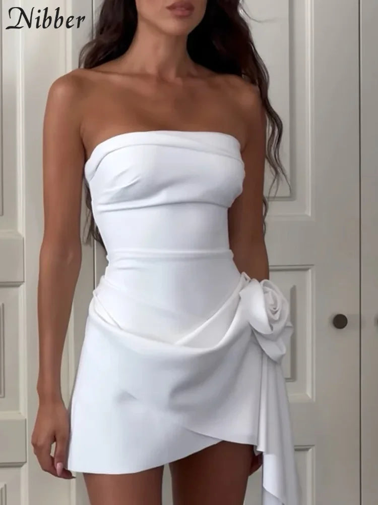 Nibber Floral Solid Mini Dress Women Basic Trend Birthday Party Chic Irregular Strapless Cross Sheath Vestidos Concise Clothing