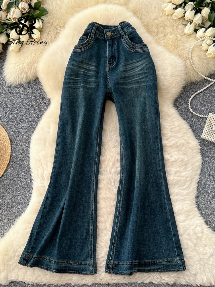 SINGREINY Female Do Old Vintage Jeans Zipper Casual Trendy Street Long Pants Chic High Waist Classic Versatile Boot Cut Trousers