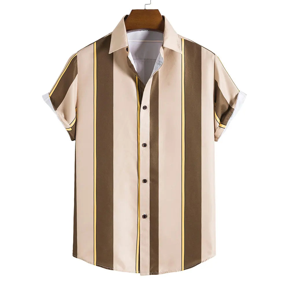 Men's Hawaiian Shirt Summer Stripes Print Short Sleeve Top Tees Fashion Casual Social Shirts Lapel Button Oversized Men Clothing