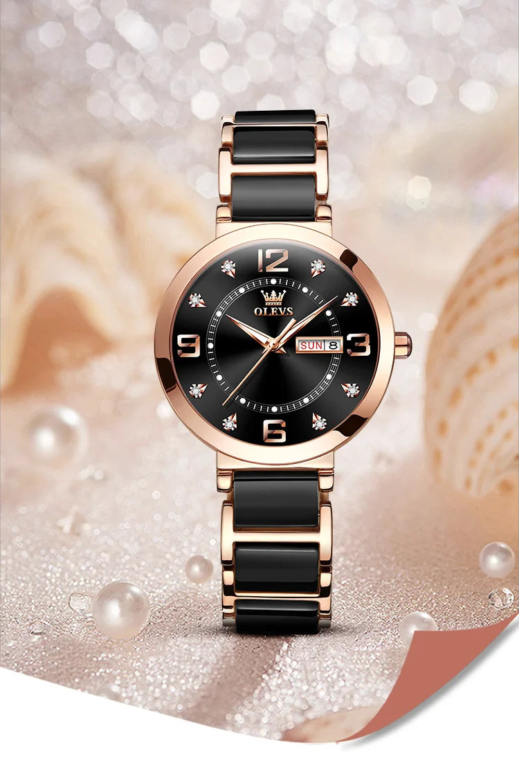 OLEVS New Ceramics Watchstrap Watch For Women Luxury Business Diamonds Wristwatch Fashion Waterproof Dual Calendar Woman Watches