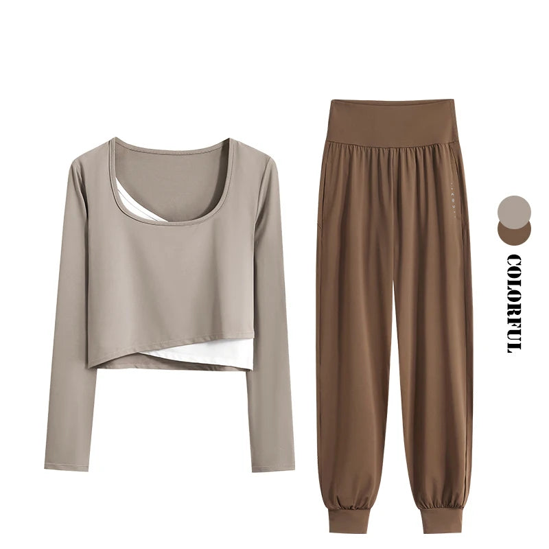 DRUR Women Yoga Set Loose Fit Gym Outfit Long Sleeve Top Pants 2 Piece Sportswear Outfit Running Jogging Suit Fitness Clothing