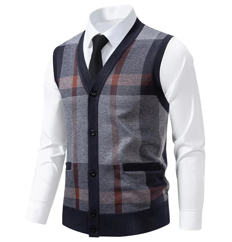 New Mens Fleece Knitted Vest Sleeveless Autumn Winter V Neck Sweater Vest Button Front Knit Cardigan Vest