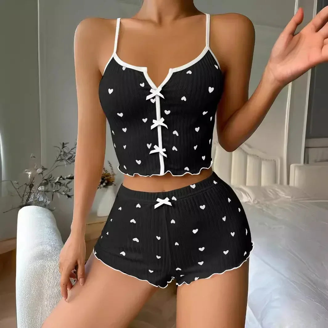 Sexy Lingerie Sleepwear for Women Pajamas Set Heart Print V-Neck Sleeveless Casual Cami Top and Shorts Sets Loungewear
