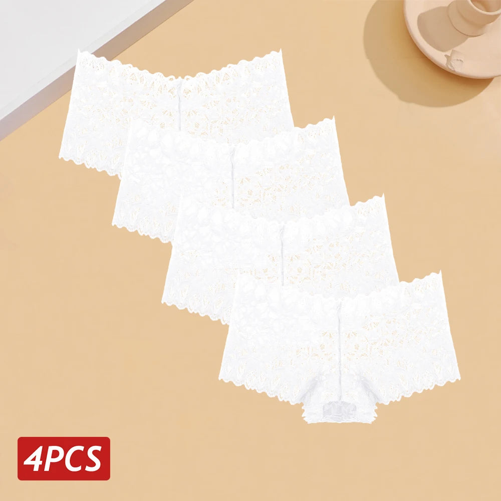4PCS Women Floral Lace Panties Sexy Perspective Underwear V Waist Solid Color Underpants Female Breathable Intimates Lingerie