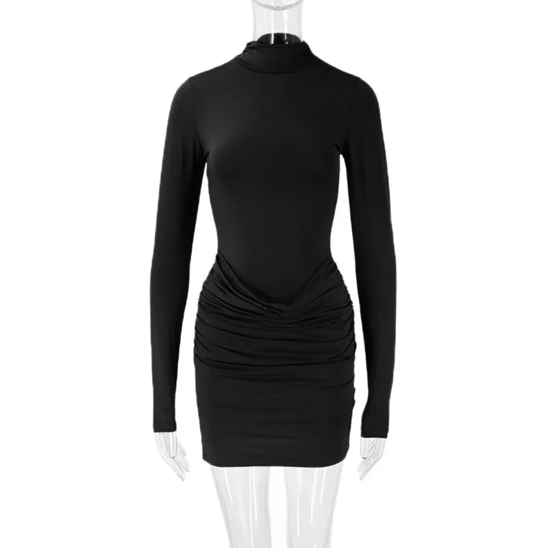 Winter Women Sexy Solid Bodycon Mini Dress Turtleneck Pleated Long Sleeve Slim Vestidos Elegant High Waist Club Party Streetwear