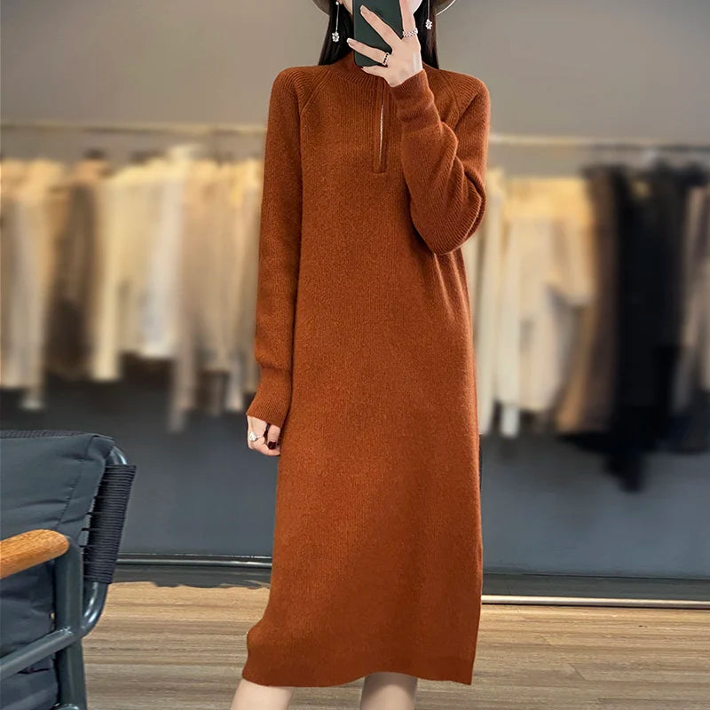 Thick Zipper Mock Neck Chic Elegant Soft Warm Striped Basic Comfort Women's  One-piece Dress 100% Merino Wool Exquisite Sweater