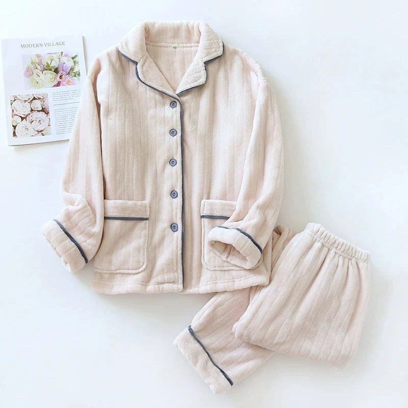 Couple Pajamas Winter Thick Coral Fleece Lapel Cardigan Sleepwear Flannel Men Women's Home Clothes Intimate Lingerie Nightwear