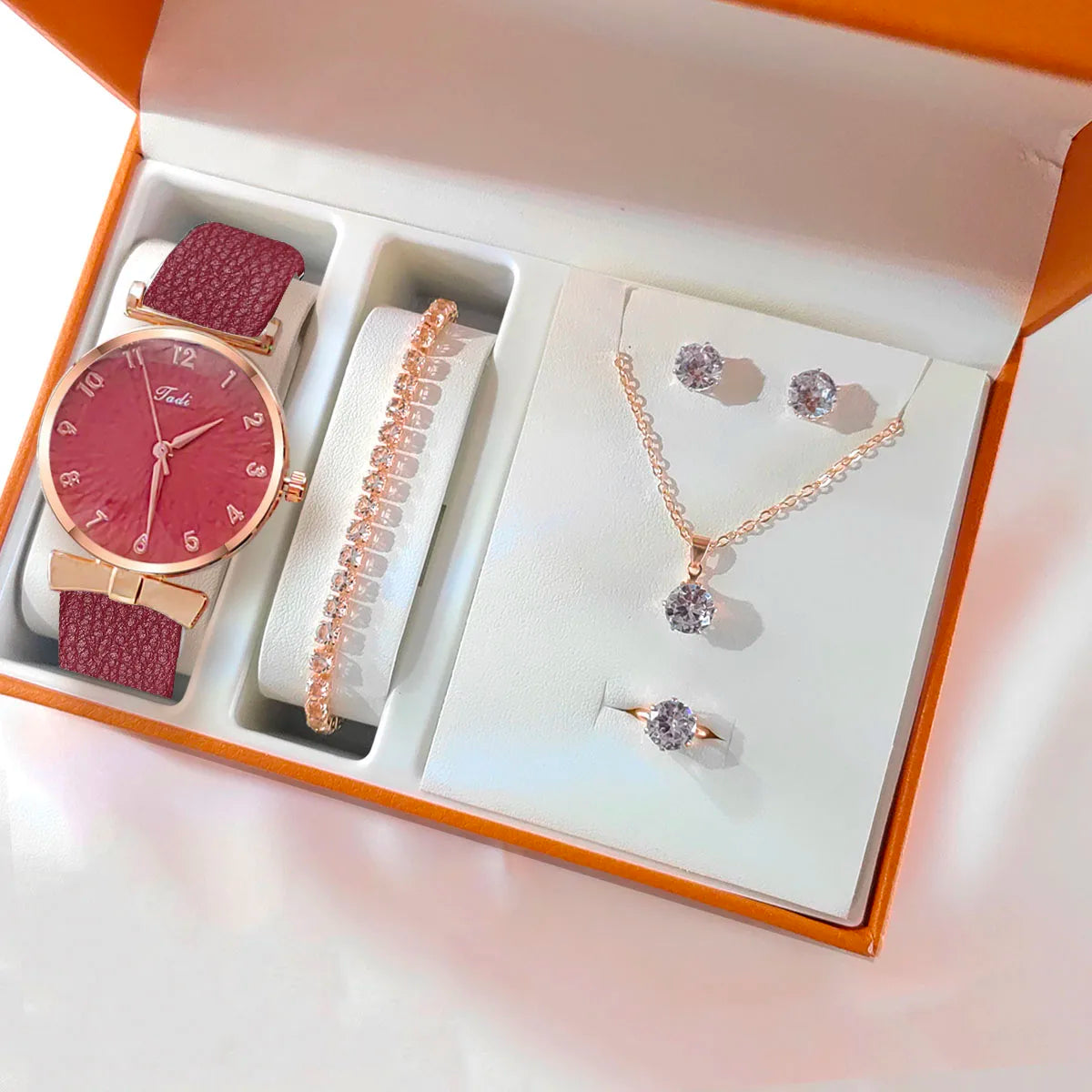 Fashion Women Watches Bracelet Necklace Earrings Ring Set Flowers Ladies Belt Watch Casual Leather Quartz Wristwatch Clock Gifts