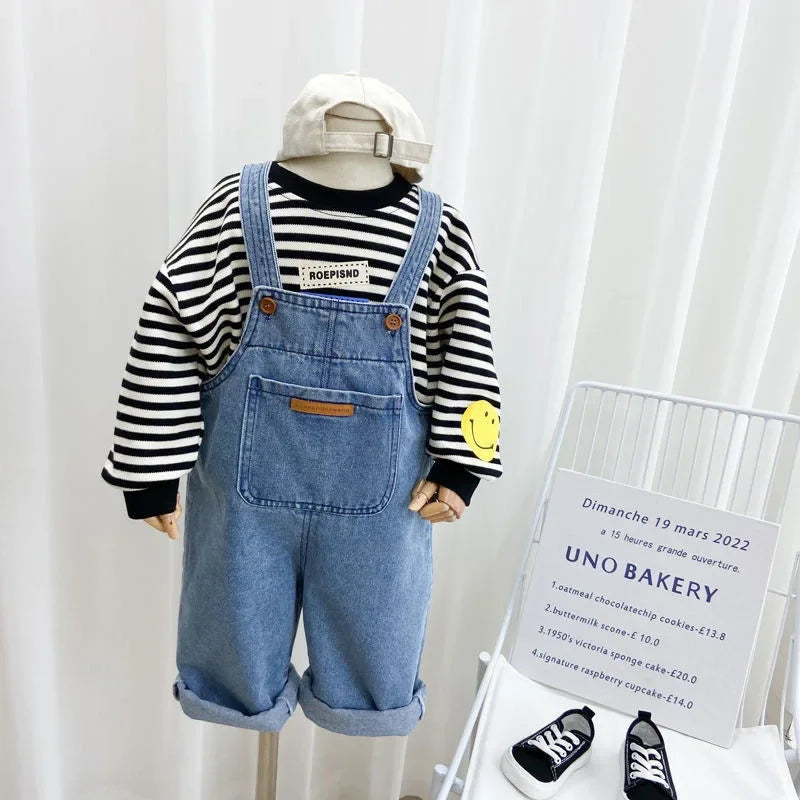 Spring 1-8T Kids Boy Denim Overalls Cotton Big Pocket Baby Boys Strappy Pant Solid Children Toddler Boys Jeans Suspender Outfits