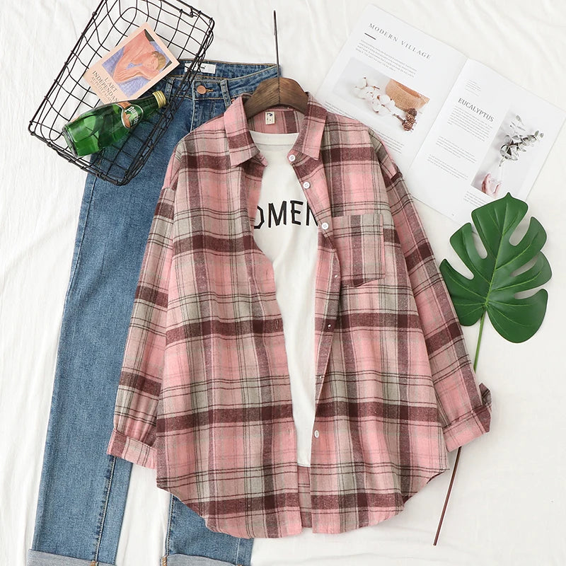 Fresh Flannel Plaid Shirt Women 2025 New Female Blouses and Tops Cotton Loose Long Sleeve Casual Shirts Fine Women's Clothes