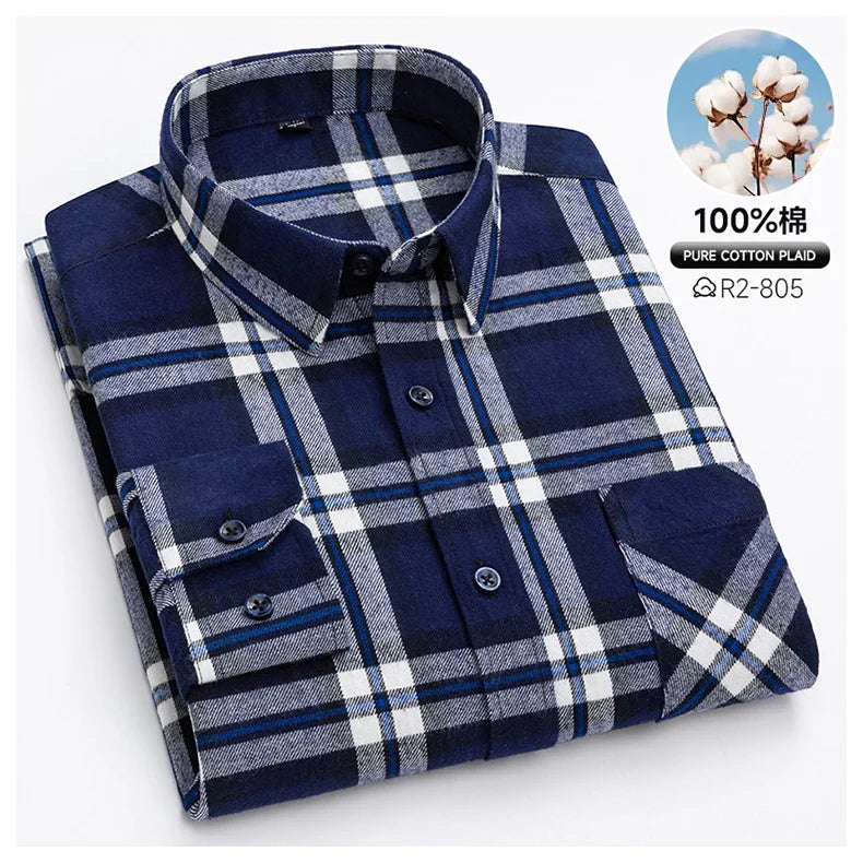Pure Cotton Men's Plaid Shirts Long Sleeved Regular Fit Casual Office Fashion Shirts Leisure Autumn Male Check Blouses Plus Size