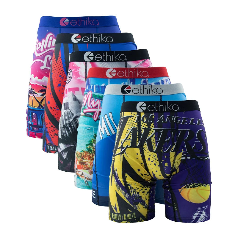 ETHIKA 6Pcs Men Underwear Boxers Breathable Man Swimming Underpants Plus Size Print Mens Panties Trunks Sexy Men's Boxershorts