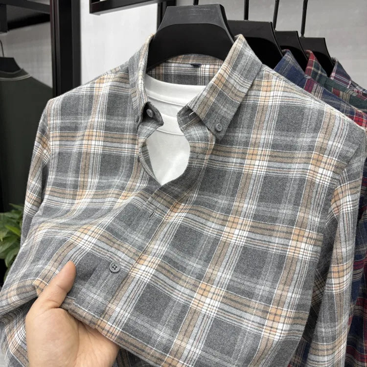 New 2025 Men's Long Sleeve Cotton Shirt Fleece Business Casual Easy Care Youth Outerwear Top Polyester Fiber Cool Sensation