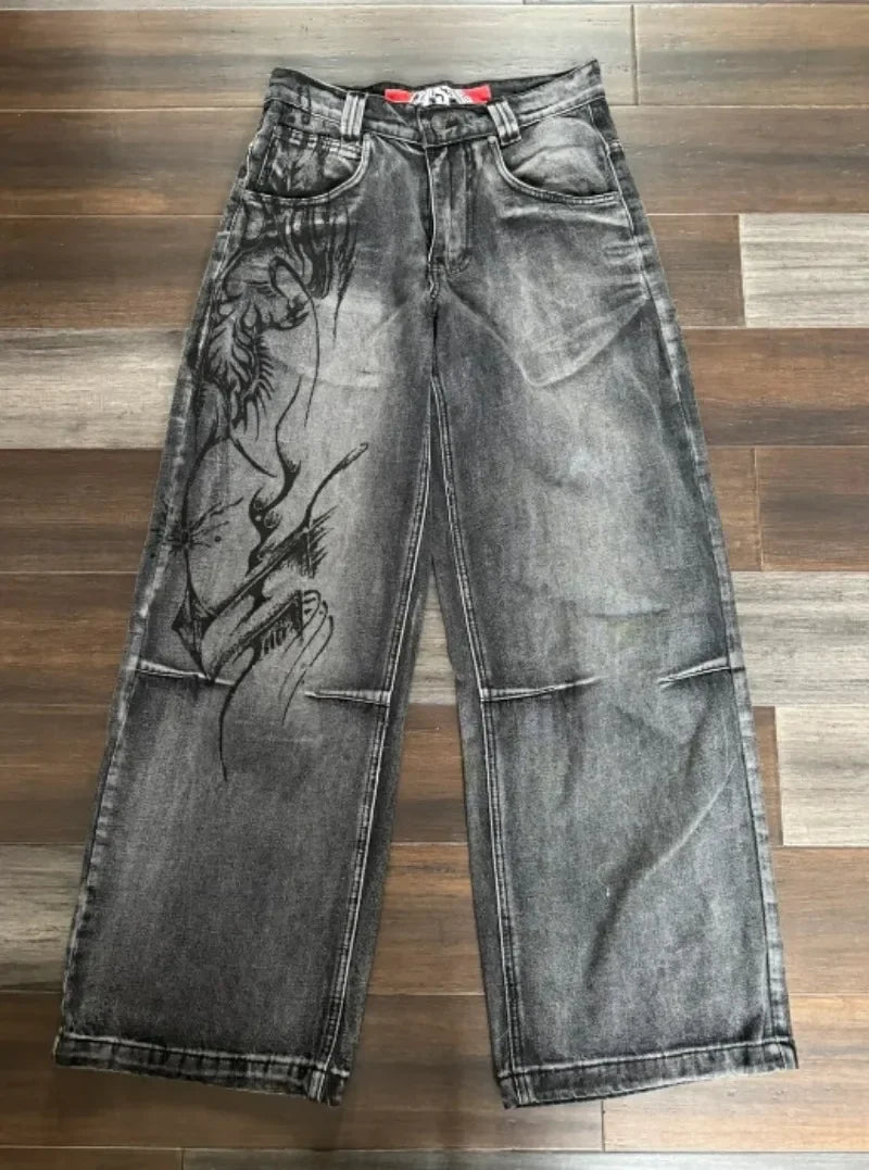 2024 New American hip-hop Vintage baggy jeans women's Harajuku high waist Y2K wide-leg pants Gothic wide pants Streetwear pants